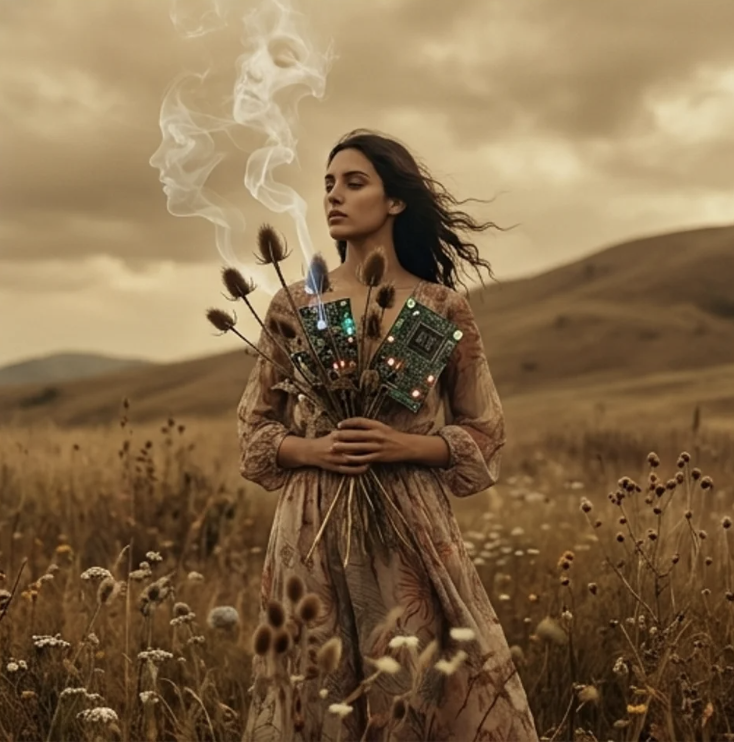 A woman gathering circuit-board wildflowers in a golden field — signals rising from the culture.